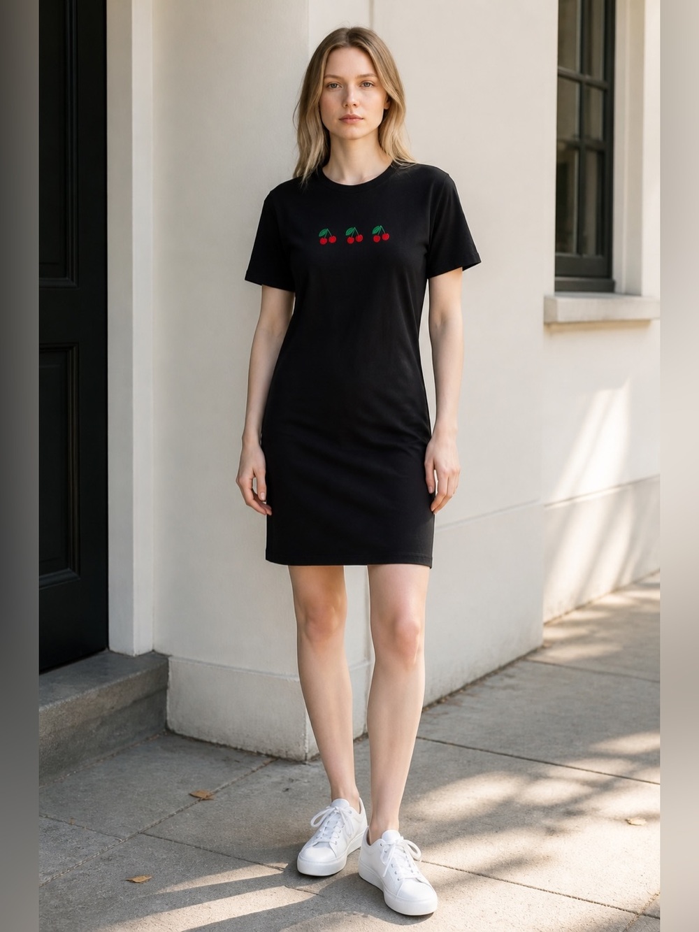 Rebellious One Cherry Embroidered T-Shirt Dress Women’s Medium Black Cottagecore